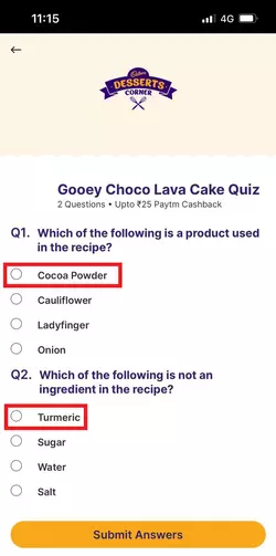 Paytm Cadbury Desserts Corner Quiz Answers